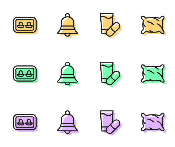 设置线安眠药，耳塞与存储盒，铃声和枕头图标。向量图片下载