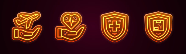 设线平在手，人身保险，带盾送安全。发光的霓虹灯图标。向量图片下载