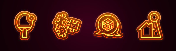 设置线球拍，拼图玩具，游戏骰子和筹码棋盘游戏。发光的霓虹灯图标。向量图片下载