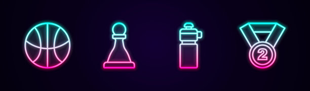 设置线篮球，象棋，健身器材和奖牌。发光的霓虹灯图标。向量图片下载