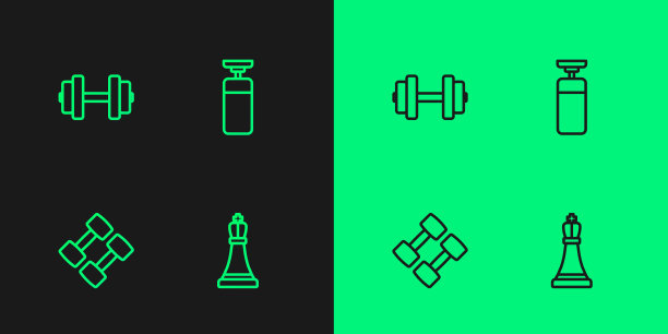 设置线象棋，哑铃，和沙袋图标。向量图片下载