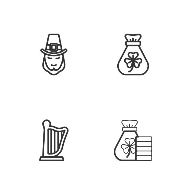 将线钱袋与三叶草，竖琴，妖精和图标。向量图片下载