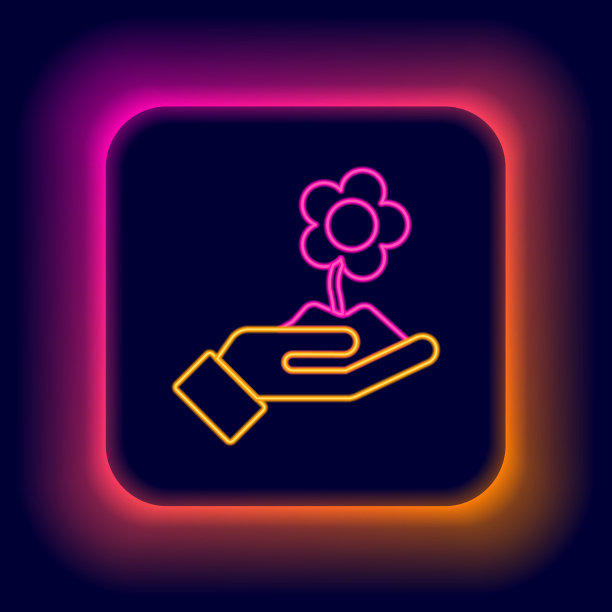 发光霓虹灯线手握花图标孤立在黑色背景上。种子和幼苗。种植树苗。生态学的概念。色彩斑斓的轮廓的概念。向量图片下载
