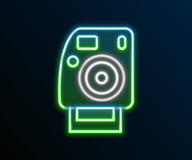 发光的霓虹灯线照片相机图标孤立在黑色背景。与相机。数码摄影。色彩斑斓的轮廓的概念。向量图片下载