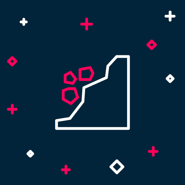 线滑坡图标孤立在蓝色背景上。石头从岩石上掉下来。从山上滚下来的巨石。落石。色彩斑斓的轮廓的概念。向量图片下载