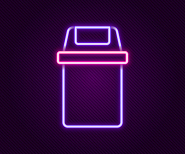 发光的霓虹灯线垃圾桶图标孤立在黑色背景。垃圾桶的迹象。回收篮图标。办公室垃圾图标。色彩斑斓的轮廓的概念。向量图片下载
