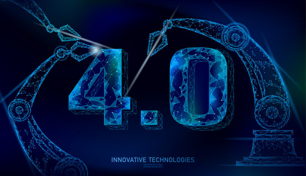 低聚未来工业革命概念。机械臂装配工业4.0数字。在线技术行业管理。三维多边形创新系统矢量图图片下载