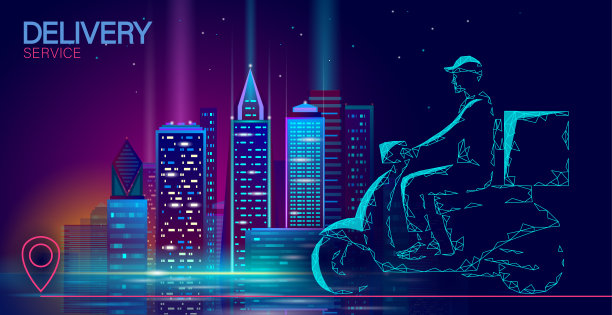 滑板车城市快递箱。步道霓虹灯食品配送手机app订餐。包装检疫保温袋背包晚餐餐。快速交付概念矢量插图图片下载