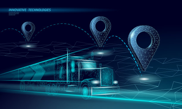 3D地图点位置商业符号。逼真的图标多边形交付全球卡车汽车。航运在线购物方向城市地址位置针矢量插图图片下载