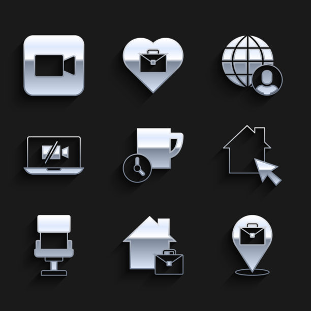 设置时间管理，在线工作，办公椅，笔记本电脑上的摄像机，自由职业者和相机图标。向量图片下载