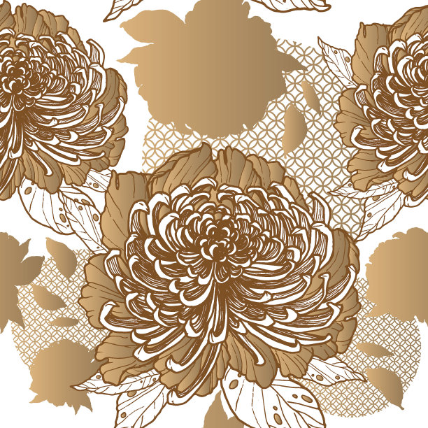 矢量无缝图案牡丹花卉和亚洲点缀图片下载