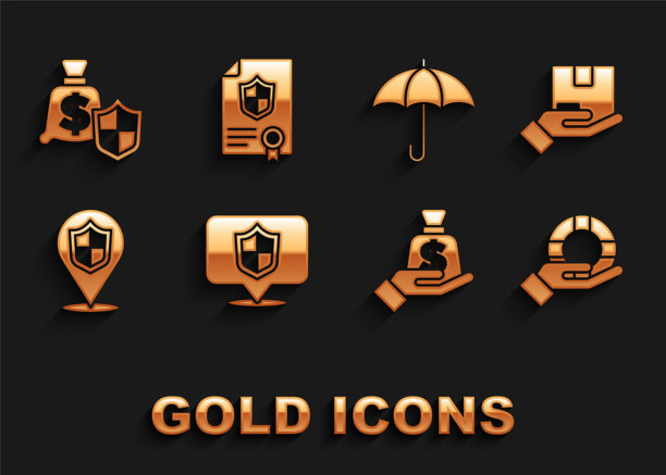 设置位置盾，交货保险，救生圈手，金钱，雨伞，和合同图标。向量图片下载