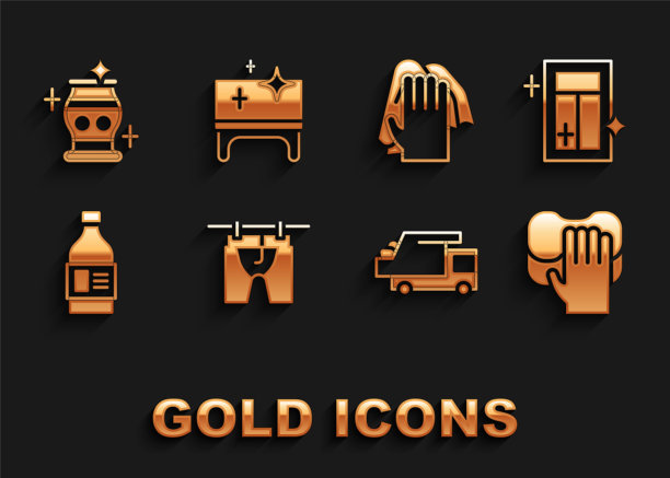 设置烘干衣物、窗户清洁服务、垃圾车、瓶清洗剂、花瓶和桌面图标。向量图片下载