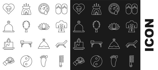 设置线发刷，日光浴床和伞，按摩石疗法，桑拿体温计，扫帚，帽子，和莲花图标。向量图片下载