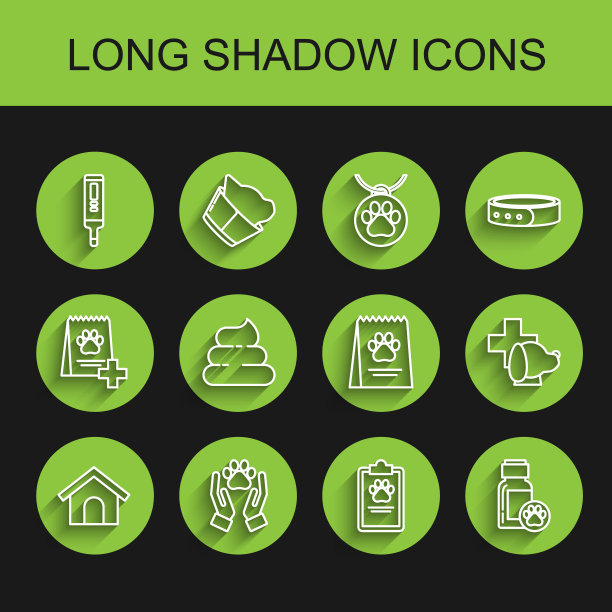 设置线狗屋，手与动物足迹，医疗数字温度计，剪贴板医疗临床记录宠物，药瓶，狗屎，兽医符号和袋的食物的狗图标。向量图片下载