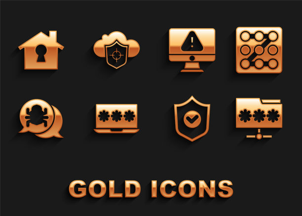 设置笔记本电脑的密码，图形保护，文件夹，屏蔽检查标志，系统bug，监控器感叹号，房子下和云和屏蔽图标。向量图片下载