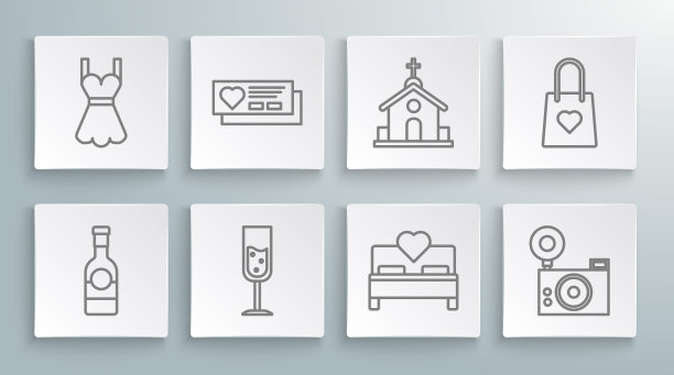 设置线香槟瓶，票与心，香槟的玻璃，卧室，相机，教堂建筑，购物袋和女人的服装图标。向量图片下载