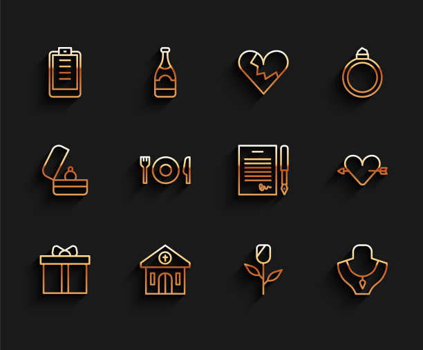 集线礼盒，教堂建筑，剪贴板与清单，花玫瑰，项链在人体模型，盘子，叉子和刀，爱的心箭头和婚姻合同图标。向量图片下载