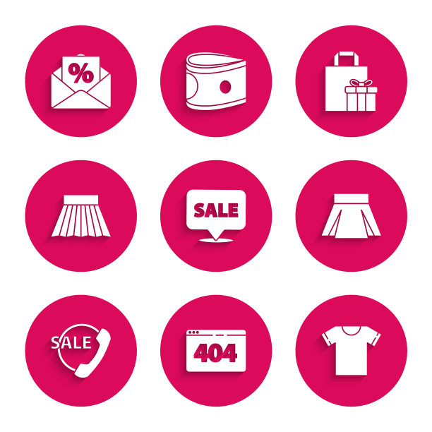 设置悬挂标志与销售，页面404错误，t恤，裙子，电话24小时支持，礼盒和信封利息折扣图标。向量图片下载