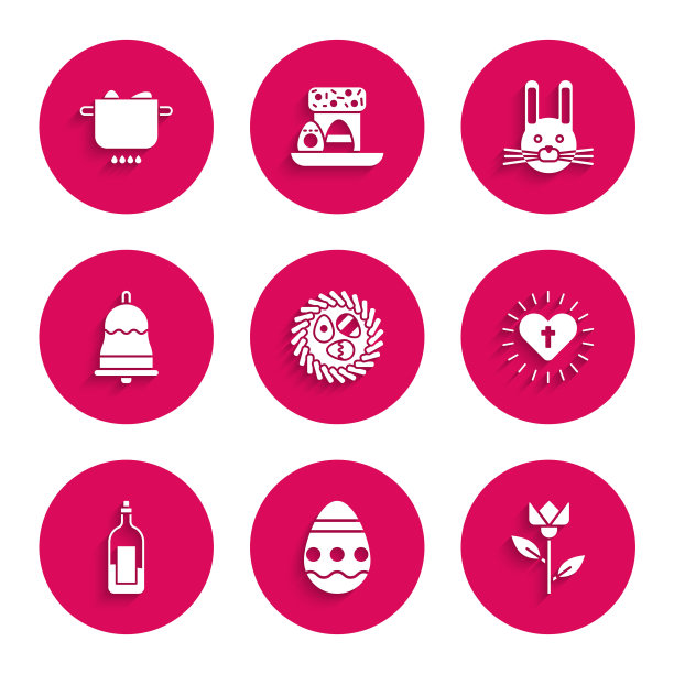 复活节彩蛋在一个柳条鸟巢，郁金香花，基督教十字架和心脏，一瓶酒，铃声，兔子和鸡蛋火锅图标。向量图片下载