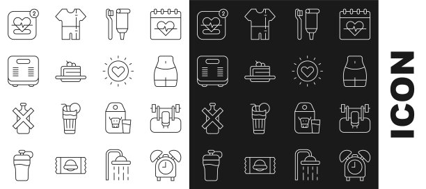 设置线闹钟，长凳与barbel，女人的腰，牙刷和牙膏，蛋糕，浴室秤，移动心率和太阳图标。向量图片下载