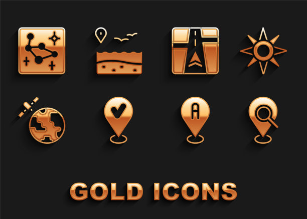 设置位置与复选标记，风玫瑰，搜索位置，卫星轨道行星，Gps设备地图，大熊星座和海滩图标。向量图片下载