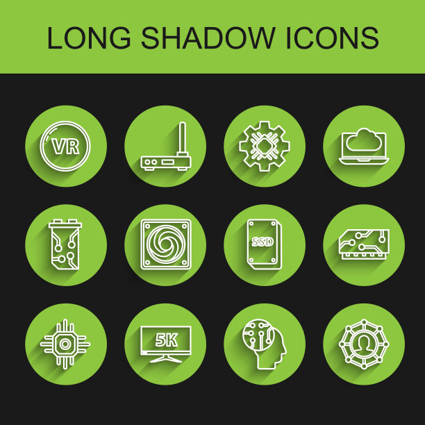 集线路板处理器、显示器5k视频、虚拟现实、人脑为数字电路板、项目组基地、计算机冷却器、RAM、随机存取存储器和SSD卡图标于一体。向量图片下载