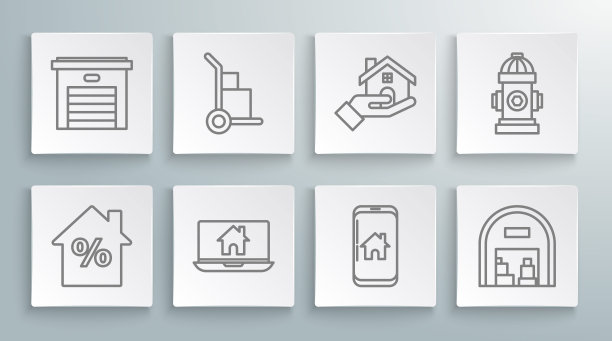 设置线房子与percant折扣标签，手推车和箱子，笔记本电脑智能家居，手机，仓库，房地产，消防栓和车库图标。向量图片下载