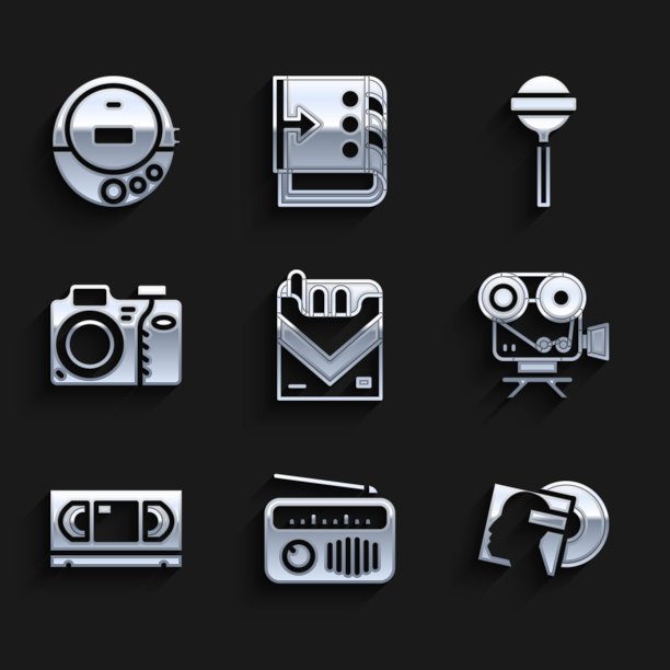 设置香烟包装盒，收音机天线，乙烯基磁盘，复古电影院相机，VHS录像带，照片，棒棒糖和音乐CD播放器图标。向量图片下载