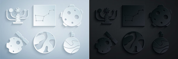 设置行星，卫星围绕地球，月球旗帜，大熊星座和太阳系图标。向量图片下载