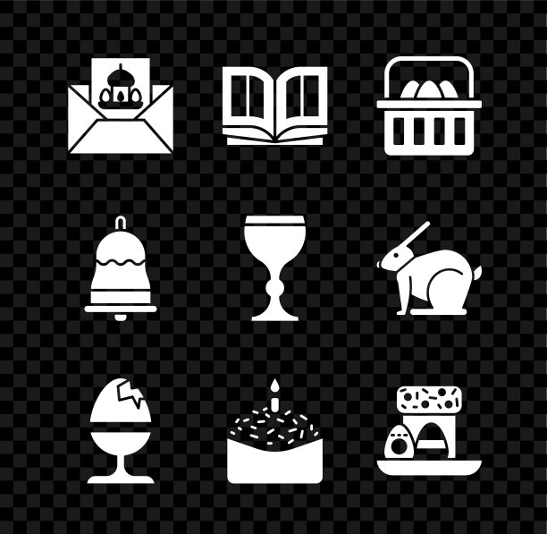 集贺卡与快乐的复活节，圣经书，篮子复活节蛋，鸡站，蛋糕蜡烛，铃声和酒杯图标。向量图片下载