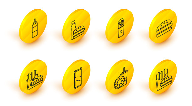 设置线汉堡和炸薯条在纸箱包装盒，纸杯与饮用吸管甜甜圈，苏打罐，多纳烤肉串，瓶装水汉堡和酱汁瓶图标。向量图片下载