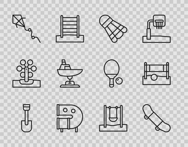 设置线铲玩具，滑板技巧，羽毛球羽毛球，儿童游乐场滑梯管，风筝，秋千船，排球网与球的图标。向量图片下载