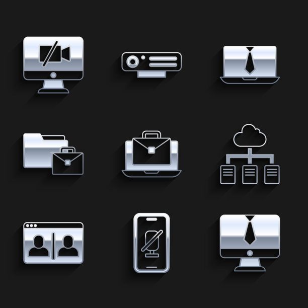 设置“在线工作”、“手机静音”、“视频会议”、“摄像头”、“关闭电脑”图标。向量图片下载