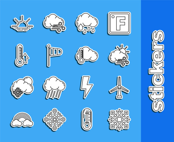设置线雪花，风力涡轮机，风天气，云与雨，锥形气象学风向标，温度计，日出和云图标。向量图片下载