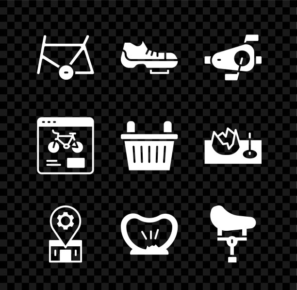 设置自行车车架，鞋，踏板，修理服务，爆胎，座椅，出租手机app和篮子图标。向量图片下载