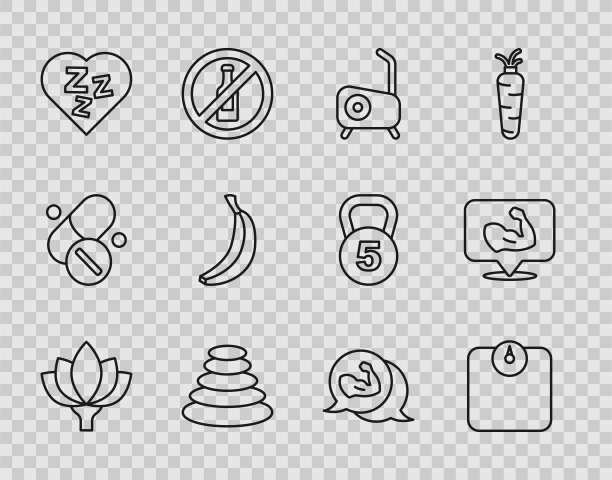设置线莲花，浴室秤，固定自行车，堆栈热石头，昏昏欲睡，香蕉，健美运动员肌肉和图标。向量图片下载