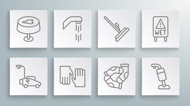 设置线割草机，淋浴喷头，橡胶手套，袜子，吸尘器，拖把，湿地板和污渍在桌布图标。向量图片下载