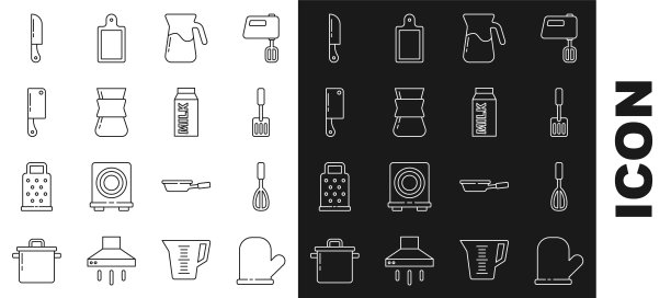 设置线烤箱手套，厨房搅拌器，抹刀，水壶玻璃与水，咖啡土耳其，肉菜刀，小刀和纸包装的牛奶图标。向量图片下载