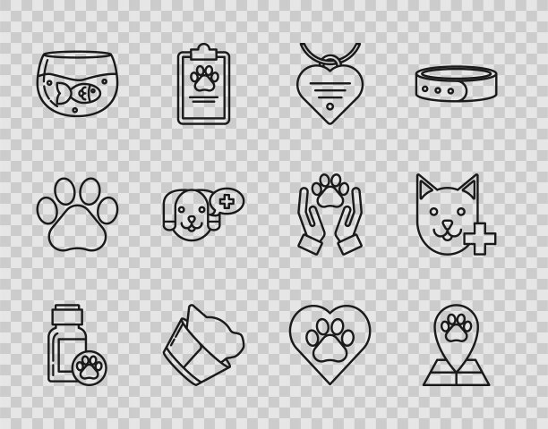 设置线狗药瓶，地图指针与兽医医院，项圈名称标签和心脏，兽医诊所符号，水族鱼，心脏动物足迹和图标。向量图片下载