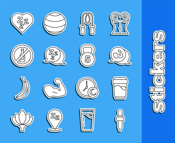 设置线移液器与油，玻璃水，健美运动员肌肉，跳绳，瞌睡，无酒精，和体重图标。向量图片下载