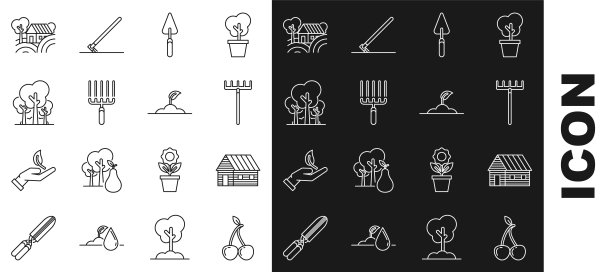 设置线樱桃，农场房子，花园耙子，铲子或铲子，在工作，树，房子概念和发芽图标。向量图片下载
