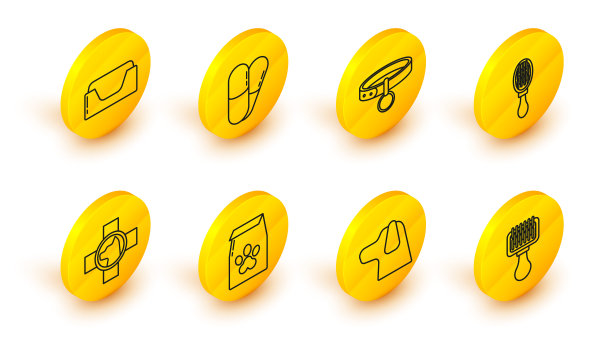 设置线毛刷狗和猫，狗，袋食品宠物，兽医诊所标志，项圈与姓名标签，药丸和宠物床图标。向量图片下载