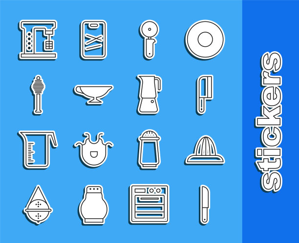 集线刀，柑桔果汁机，肉菜刀，披萨刀，酱船，蜂蜜勺棒，电动搅拌机和摩卡锅图标。向量图片下载