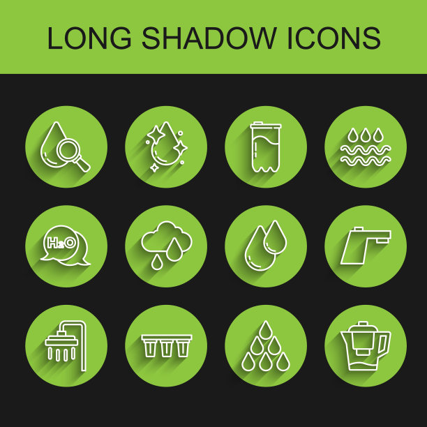 设置流水、滤水器、滴水和放大镜、滴水、水罐、云雨、水龙头和图标。向量图片下载