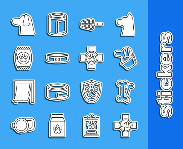 设置线兽医诊所标志，狗骨，口鼻，宠物食品碗，袋的宠物，和图标。向量图片下载