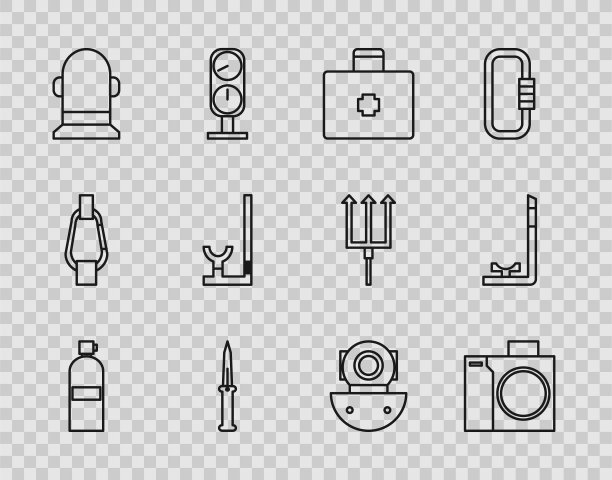 设置绳索潜水器，潜水员摄影相机，急救箱，军刀，浮标，通气管，和图标。向量图片下载