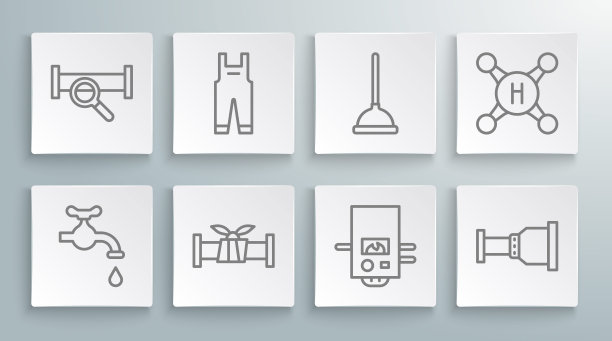 设置线水龙头，工作服，工业金属管道，燃气锅炉，管道适配器，橡胶柱塞，图标。向量图片下载