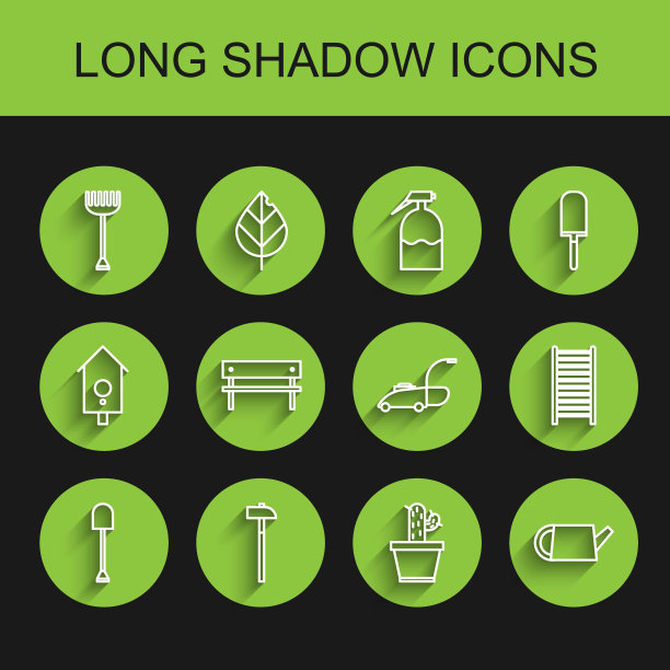 设置线铲，锤子，花园耙子，仙人掌和多汁花盆，喷壶，长凳，木制楼梯和割草机图标。向量图片下载