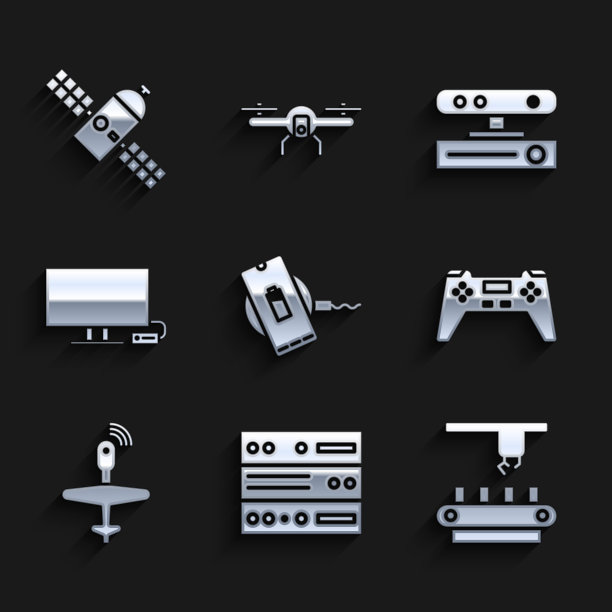 设置无线充电器、服务器、数据、网络托管、工厂输送系统皮带、手柄、无人机、智能电视、运动传感器和卫星图标。向量图片下载